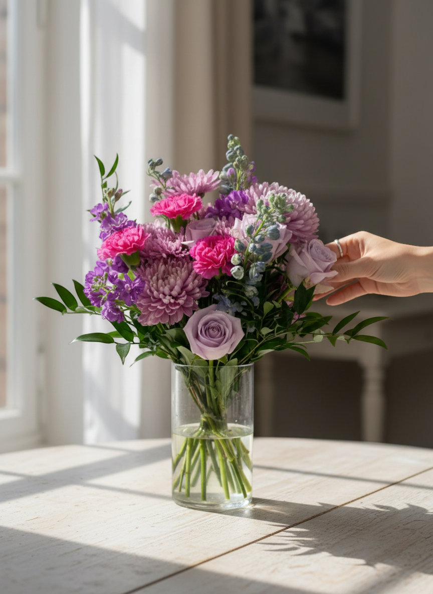 Lakewood Florist Amethyst bouquet with purple roses, pink carnations, and purple chrysanthemums, hand-tied with ribbon.