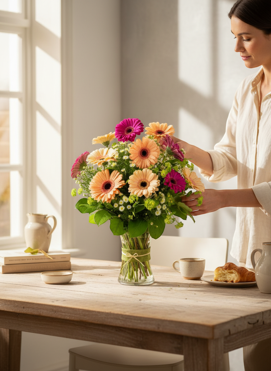 Lakewood Florist Happy Daisies arrangement with vibrant peach and magenta gerberas, white filler flowers, and green foliage in a glass vase.