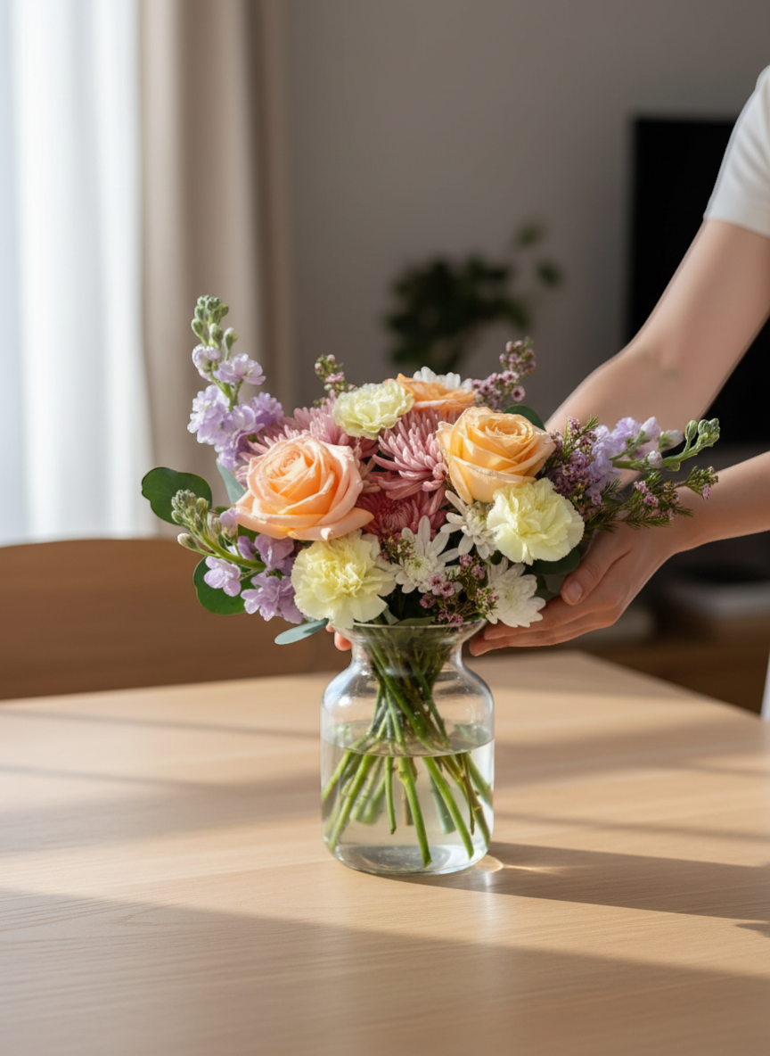 Lakewood Florist's Honey Lavender Bouquet: soft pastel roses, lavender, and chrysanthemums in a hand-tied arrangement.