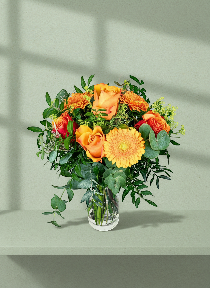 Lakewood Florist Honey Crisp bouquet: orange roses, gerbera daisies, chrysanthemums, and eucalyptus.