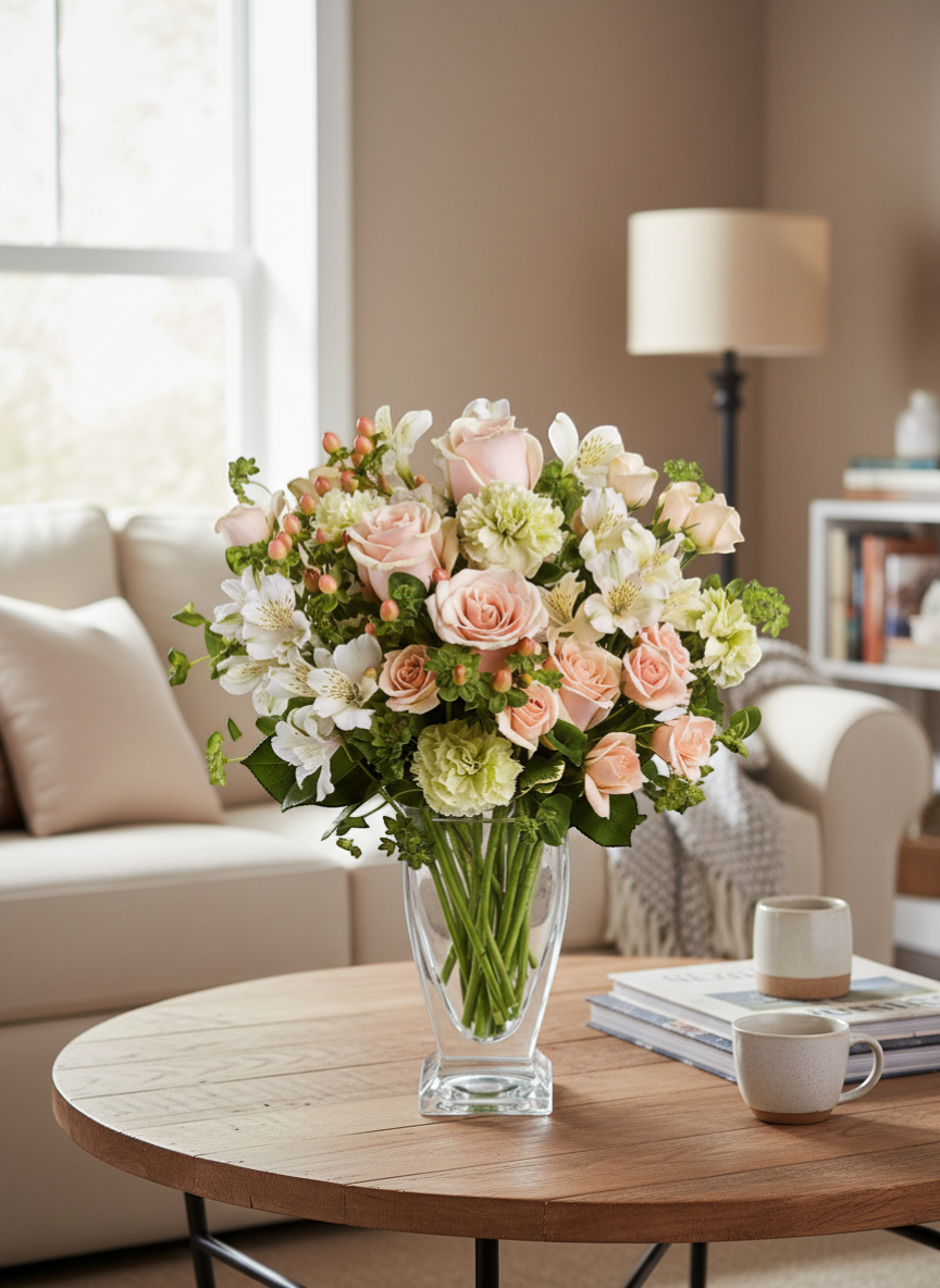 Lakewood Florist pastel rose and alstroemeria floral arrangement in a clear glass vase.