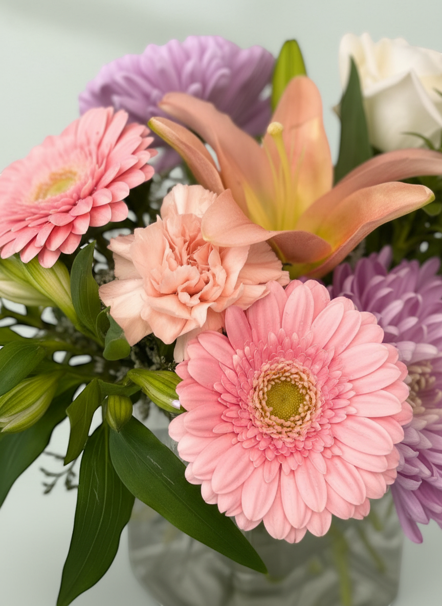 Lakewood Florist pastel flower arrangement with pink gerbera daisies, lilies, roses, carnations, and chrysanthemums in a glass vase.