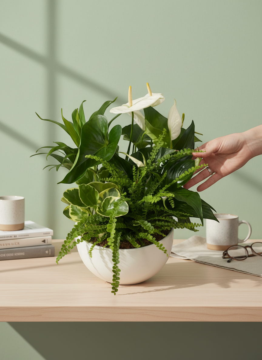 Lakewood Florist Peaceful Garden arrangement with white anthurium, ferns, and variegated foliage in a white bowl.