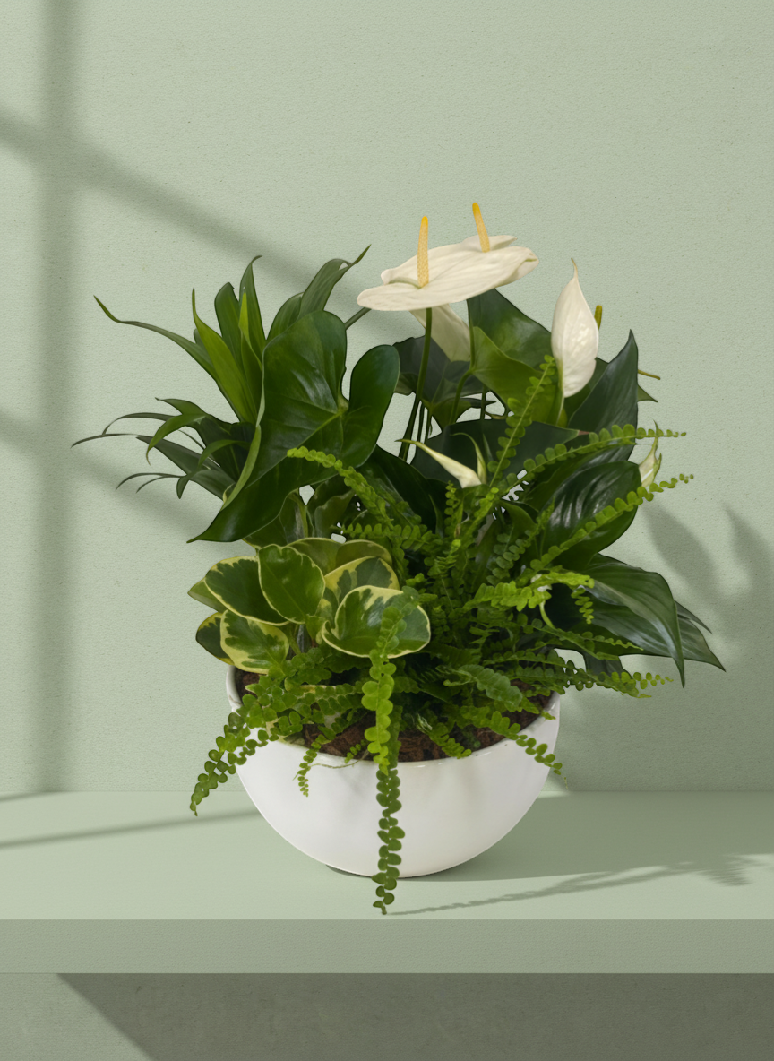 Lakewood Florist Peaceful Garden arrangement with white anthurium, green foliage, and ferns in a white bowl.