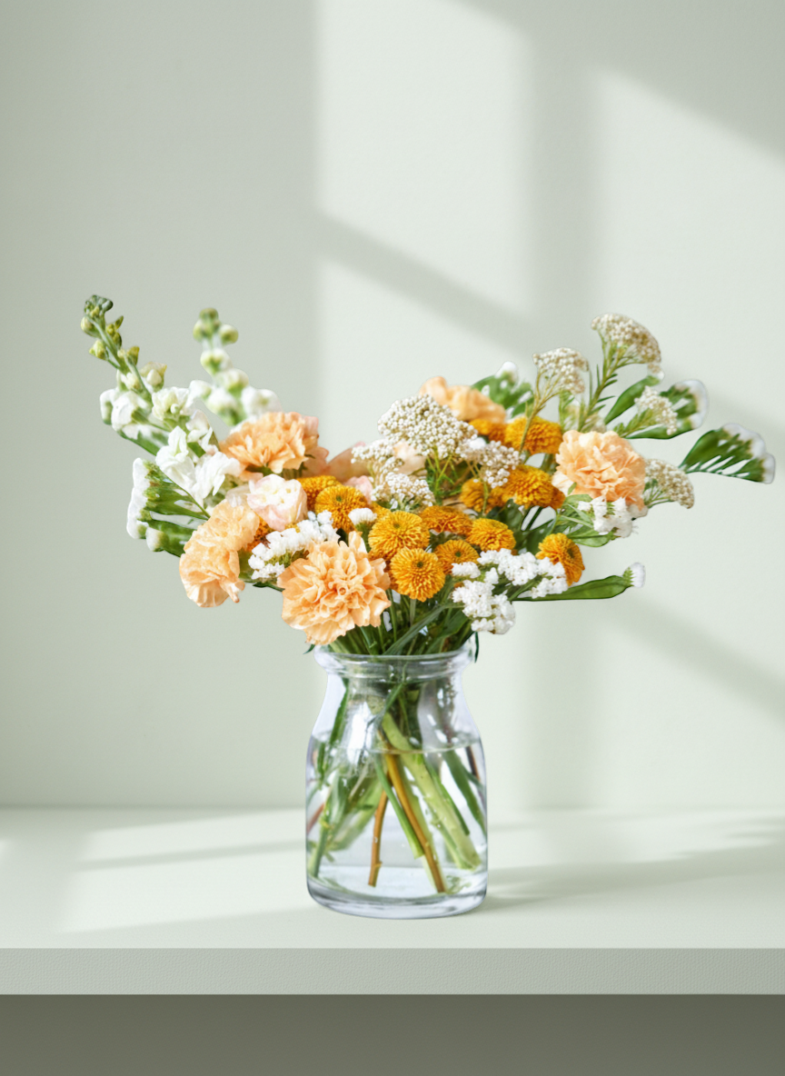 Lakewood Florist Peachy Glow arrangement: peach carnations, orange chrysanthemums, white stock flowers, and yarrow in a glass vase.