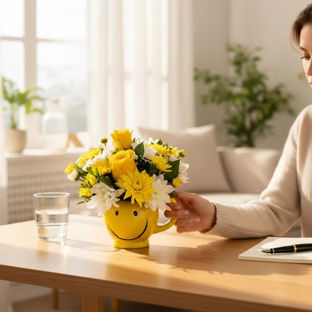 Lakewood Florist sunshine yellow smiley face mug filled with fresh yellow roses and white chrysanthemums on a desk
