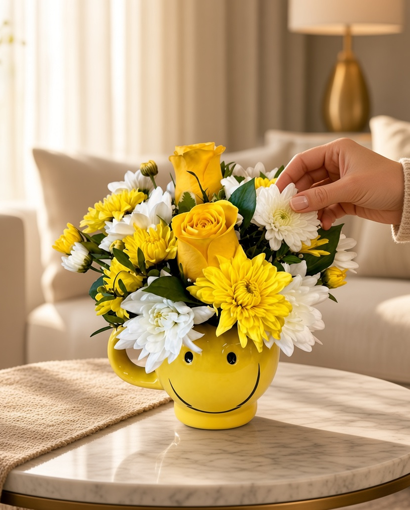 Lakewood Florist yellow smiley face mug filled with yellow roses and white chrysanthemums on a marble table