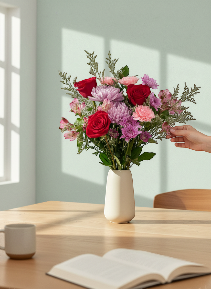 Lakewood Florist Soft Kiss Bouquet: Red roses, pink carnations, and lavender chrysanthemums with delicate greenery.