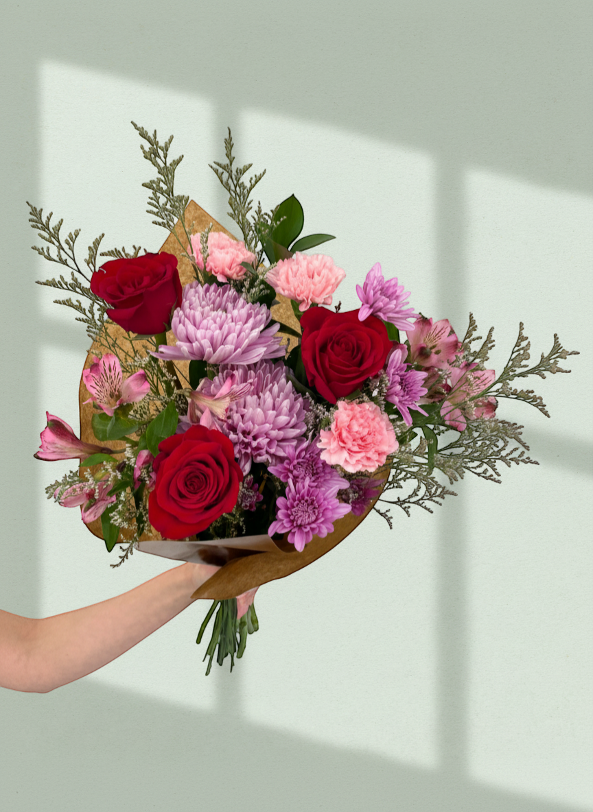 Lakewood Florist Soft Kiss Bouquet: Red roses, lavender mums, pink carnations, and alstroemeria with greenery.