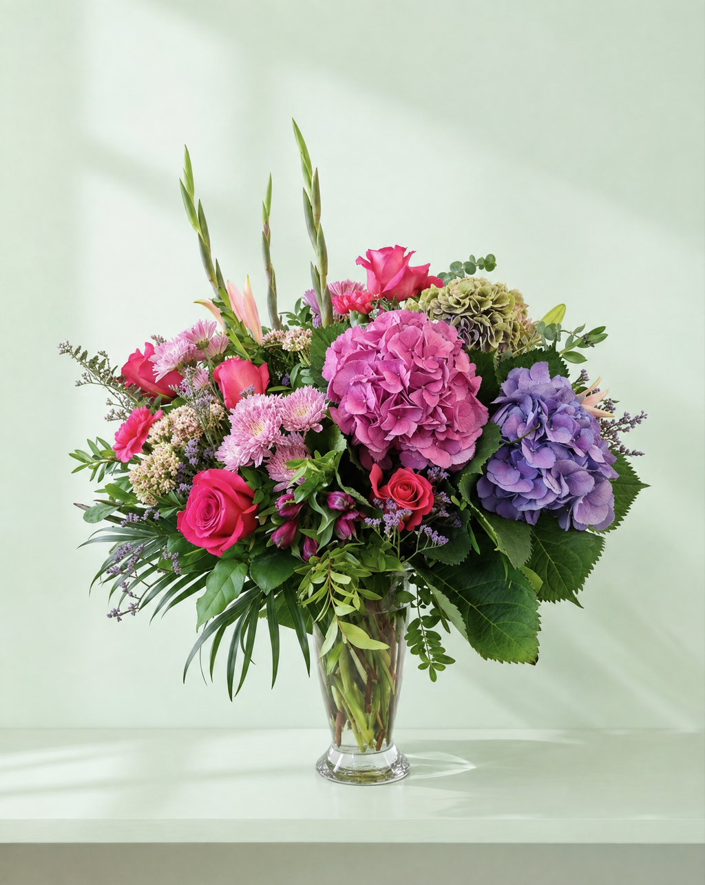 Lakewood Florist Sensational Summer Vase featuring a lush European-style bouquet of pink roses, hydrangeas, and lilies.