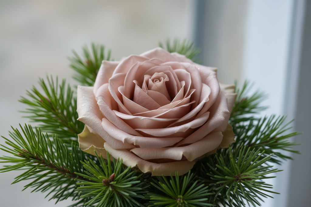 quicksand rose with pine greenery